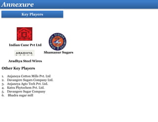 Annexure
Key Players
Shamanur Sugars
Indian Cane Pvt Ltd
Aradhya Steel Wires
Other Key Players
1. Anjaneya Cotton Mills Pvt. Ltd
2. Davangere Sugars Company Ltd.
3. Anjaneya Agto Tech Pvt. Ltd.
4. Katra Phytochem Pvt. Ltd.
5. Davangere Sugar Company
6. Bhadra sugar mill
 