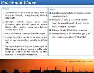 Water
 Tungabadhra, sasalahalla are major perennial
rivers in the district
 There are 411 tanks in the district. Shanthi
Sagar, the second largest fresh water lake in
Asia is located in Davangere
 Irrigated Area is 38% of the net sown area
 Average demand in the district is 94551.15 MLD
and average consumption 57808.9 MLD.
Power
 Transmission in the district is being done by
Bangalore Electricity Supply Company Limited
(BESCOM)
 Davangere district receives power from
Sharavathi Hydro Electric Project and Guttur
Station which receives power from Raichur
Thermal Power Plant
 6 MW Wind Power Project (WPP) at Davangere
 Average demand in the district is 16491.19 MU
and average consumption annually is 308.63
MU.
 Davangere Sugar mills is planning to set up a 30
MW biomass based power project in Kukkuwada
village in addition to the existing 24 MW
cogeneration power plant in operation
Power and Water
Source: Karnataka at Glance, DIC-Davangere
 