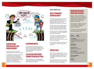 6 3
O governo Bolsonaro mente quando diz
que a reforma combate privilégios. Ele não
mexeu na aposentadoria dos militares. Se
a reforma fosse boa, os militares não
ficariam de fora.
OGOVERNOMENTE
Serão beneficiados com aposentadorias
até 4 vezes maiores que as aposentadorias
de 23 milhões de brasileiros.
EOSATUAISDEPUTADOS
TAMBÉMFICARAMDEFORA
Se a reforma passar, o valor da
aposentadoria por invalidez será menor.
O trabalhador vai receber 60% sobre a
média de todas as contribuições,
inclusive aquelas de quando ganhava
muito pouco, no início da carreira. O
benefício só aumentará míseros 2% por
cada ano de contribuição que
ultrapassar os 20 anos obrigatórios.
APOSENTADOS
PORINVALIDEZSÃO
PRIVILEGIADOS?
A reforma acaba com a aposentadoria
por tempo de contribuição e cria a
obrigatoriedade de idade mínima para
aposentadoria (62 anos para as
mulheres e 65 anos para os homens).
Ricardo, filho de uma empregada domés-
tica e um porteiro, vai começar a traba-
lhar aos 16 anos para ajudar nas contas
de casa. O trabalho é pesado e insalubre.
Se não ficar nem um dia desempregado,
vai se aposentar aos 65 anos, depois de
49 anos de contribuição.
João Paulo, filho de empresários, só
vai começar a trabalhar com 25 anos,
depois de virar doutor. Terá um
escritório e ar condicionado, com mais
chances de emprego.
Vai se aposentar depois de 40 anos de
contribuição, 9 anos a menos do que
Ricardo.
ISSOÉCOMBATER
DESIGUALDADE?
Pobrestrabalharãomais
Hoje, mulheres se aposentam com 30
anos de contribuição e homens com 35,
sem exigência de idade mínima. Valor
do benefício é proporcional ao tempo
trabalhado.
Outra opção é se aposentar por idade
(mulheres, aos 60 anos e homens, aos
65), com 15 anos de contribuição.
COMOÉHOJE
Hoje, têm direito a aposentadoria
integral as mulheres que atingem 86
pontos (soma da idade mais o tempo
de contribuição) e os homens que
atingem 96 pontos (idade mais o
tempo de contribuição).
Outra opção é se aposentar por tempo
de contribuição – mulheres com 30
anos de pagamento do INSS e
homens, com 35 anos.
Se a reforma passar, as mulheres terão
de contribuir 35 anos e os homens 40
anos, além da idade mínima.
Nome:
Maria Clara
Contribuição:
28 anos, sendo 80% sobre 3 salários
mínimos e 20% sobre um salário
mínimo.
Salário base:
R$ 2.994,00
Benefício hoje:
R$ 2.994,00 – regra 86/96.
Com a reforma:
Maria Clara terá de trabalhar mais 3
anos. Vai se aposentar aos 61 anos.
Valor do benefício:
R$ 2.594,80
Perda:
R$ 399,20
BENEFICIOINTEGRAL
SERÁPARAPOUCOS
Idade:
58 anos
 