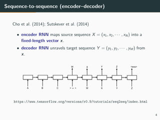 Sequence-to-sequence (encoder–decoder)
Cho et al. (2014); Sutskever et al. (2014)
• encoder RNN maps source sequence X = (x1, x2, · · · , xN ) into a
ﬁxed-length vector x.
• decoder RNN unravels target sequence Y = (y1, y2, · · · , yM ) from
x.
https://www.tensorflow.org/versions/r0.9/tutorials/seq2seq/index.html
4
 