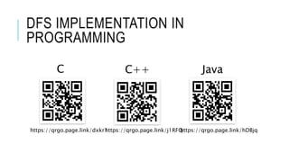 DFS IMPLEMENTATION IN
PROGRAMMING
C C++ Java
https://qrgo.page.link/j1RFQhttps://qrgo.page.link/hDBjqhttps://qrgo.page.link/dxkr1
 