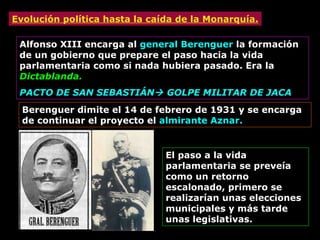 Evolución política hasta la caída de la Monarquía. Alfonso XIII encarga al  general Berenguer  la formación de un gobierno que prepare el paso hacia la vida parlamentaria como si nada hubiera pasado. Era la  Dictablanda. PACTO DE SAN SEBASTIÁN   GOLPE MILITAR DE JACA Berenguer dimite el 14 de febrero de 1931 y se encarga de continuar el proyecto el  almirante Aznar. El paso a la vida parlamentaria se preveía como un retorno escalonado, primero se realizarían unas elecciones municipales y más tarde unas legislativas. 