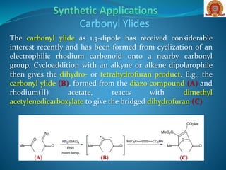 The carbonyl ylide as 1,3-dipole has received considerable
interest recently and has been formed from cyclization of an
electrophilic rhodium carbenoid onto a nearby carbonyl
group. Cycloaddition with an alkyne or alkene dipolarophile
then gives the dihydro- or tetrahydrofuran product. E.g., the
carbonyl ylide (B), formed from the diazo compound (A) and
rhodium(II) acetate, reacts with dimethyl
acetylenedicarboxylate to give the bridged dihydrofuran (C)
Carbonyl Ylides
(B)(A) (C)
 