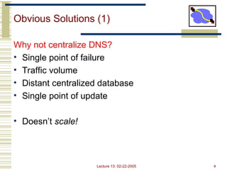 Lecture 13: 02-22-2005 4
Obvious Solutions (1)
Why not centralize DNS?
• Single point of failure
• Traffic volume
• Distant centralized database
• Single point of update
• Doesn’t scale!
 
