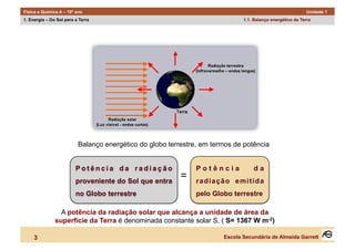 Física e Química A – 10º ano                                                                                Unidade 1
1. Energia – Do Sol para a Terra                                              1.1. Balanço energético da Terra




                          Balanço energético do globo terrestre, em termos de potência


                         Potência da radiação                  Potência           da
                         proveniente do Sol que entra
                                                          =    radiação emitida
                         no Globo terrestre                    pelo Globo terrestre

                 A potência da radiação solar que alcança a unidade de área da
               superfície da Terra é denominada constante solar S. ( S= 1367 W m-2)

     3                                                                 Escola Secundária de Almeida Garrett
 