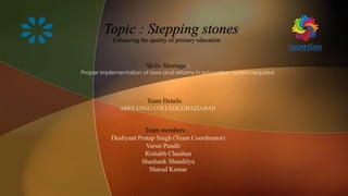 Topic : Stepping stones
Enhancing the quality of primary education
Skills Shortage :
Proper implementation of laws and reforms in education system required
Team Details
ABES ENGG.COLLEGE,GHAZIABAD
Team members :
• Dushyant Pratap Singh (Team Coordinator)
Varun Pundir
• Rishabh Chauhan
• Shashank Shandilya
• Sharad Kumar
 