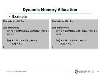 6
Dynamic Memory Allocation
 Example
#include <stdlib.h>
void main(void) {
int *p = (int*)malloc( 26*sizeof(int) ) ;
int k ;
for( k = 0 ; k < 26 ; k++ )
p[k] = k ;
}
#include <stdlib.h>
void main(void) {
int *p = (int*)calloc(26, sizeof(int) ) ;
int k ;
for( k = 0 ; k < 26 ; k++ )
p[k] = k ;
}
 