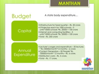 Budget
•Infrastructure for head quarter – Rs. 50 crore
•5 Projectors each for 1000 schools – 5
units*10000 schools *Rs. 20000 = 100 crore
•Internet and computing facilities – 5
units*10000 schools *Rs. 20000 = 100 crore
•Total – Rs. 250 crore
Capital
•Lecturer’s wages and expenditure – 50 lectures
* Rs.100000/month*12 months – 6 crore
•Content Generators – 50 People* Rs.
100000/month* 12 months – Rs. 6 crore.
•Distribution costs – Rs. 5 crore.
•Total – Rs. 17 crore.
Annual
Expenditure
A state body expenditure…
 