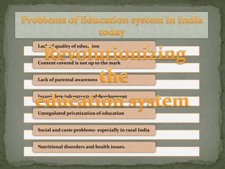Lack of quality of education
Content covered is not up to the mark
Lack of parental awareness
Incomplete infrastructural development
Unregulated privatization of education
Social and caste problems- especially in rural India
Nutritional disorders and health issues.
 