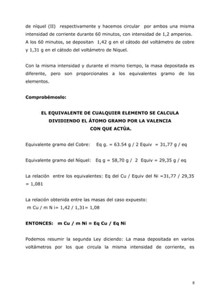 de níquel (II) respectivamente y hacemos circular por ambos una misma
intensidad de corriente durante 60 minutos, con intensidad de 1,2 amperios.
A los 60 minutos, se depositan 1,42 g en el cátodo del voltámetro de cobre
y 1,31 g en el cátodo del voltámetro de Níquel.
Con la misma intensidad y durante el mismo tiempo, la masa depositada es
diferente, pero son proporcionales a los equivalentes gramo de los
elementos.
Comprobémoslo:
EL EQUIVALENTE DE CUALQUIER ELEMENTO SE CALCULA
DIVIDIENDO EL ÁTOMO GRAMO POR LA VALENCIA
CON QUE ACTÚA.
Equivalente gramo del Cobre: Eq g. = 63.54 g / 2 Equiv = 31,77 g / eq
Equivalente gramo del Níquel: Eq g = 58,70 g / 2 Equiv = 29,35 g / eq
La relación entre los equivalentes: Eq del Cu / Equiv del Ni =31,77 / 29,35
= 1,081
La relación obtenida entre las masas del caso expuesto:
m Cu / m N i= 1,42 / 1,31= 1,08
ENTONCES: m Cu / m Ni = Eq Cu / Eq Ni
Podemos resumir la segunda Ley diciendo: La masa depositada en varios
voltámetros por los que circula la misma intensidad de corriente, es
8
 