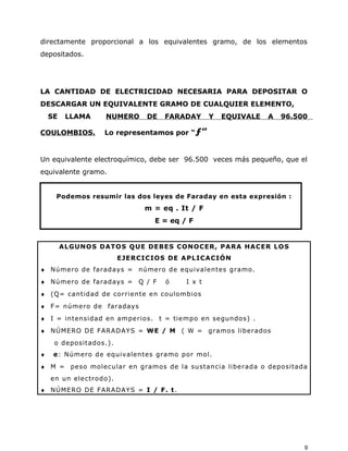 directamente proporcional a los equivalentes gramo, de los elementos
depositados.
LA CANTIDAD DE ELECTRICIDAD NECESARIA PARA DEPOSITAR O
DESCARGAR UN EQUIVALENTE GRAMO DE CUALQUIER ELEMENTO,
SE LLAMA NUMERO DE FARADAY Y EQUIVALE A 96.500
COULOMBIOS. Lo representamos por “ƒ”
Un equivalente electroquímico, debe ser 96.500 veces más pequeño, que el
equivalente gramo.
Podemos resumir las dos leyes de Faraday en esta expresión :
m = eq . It / F
E = eq / F
ALGUNOS DATOS QUE DEBES CONOCER, PARA HACER LOS
EJERCICIOS DE APLICACIÓN
♦ Número de faradays = número de equivalentes gramo.
♦ Número de faradays = Q / F ó I x t
♦ (Q= cantidad de corriente en coulombios
♦ F= número de faradays
♦ I = intensidad en amperios. t = tiempo en segundos) .
♦ NÚMERO DE FARADAYS = WE / M ( W = gramos liberados
o depositados.).
♦ e: Número de equivalentes gramo por mol.
♦ M = peso molecular en gramos de la sustancia liberada o depositada
en un electrodo).
♦ NÚMERO DE FARADAYS = I / F. t.
9
 