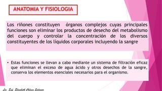 ANATOMIA Y FISIOLOGIA
Los riñones constituyen órganos complejos cuyas principales
funciones son eliminar los productos de desecho del metabolismo
del cuerpo y controlar la concentración de los diversos
constituyentes de los líquidos corporales incluyendo la sangre
• Estas funciones se llevan a cabo mediante un sistema de filtración eficaz
que eliminan el exceso de agua ácido y otros desechos de la sangre,
conserva los elementos esenciales necesarios para el organismo.
Lic. Enf. Elizabeth Chávez Salazar
 
