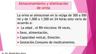 La orina se almacenan en la vejiga de 300 a 500
ml y de 1,000 a 1,500 en 24 horas esto varia de
acuerdo a:
 La edad , el RN micciona 18 veces,
 Sexo, alimentación,
 Capacidad vesical, Emoción.
 Gestación.Consumo de medicamentos.
Almacenamiento y eliminación
de orina
Lic. Enf. Elizabeth Chávez Salazar
 