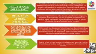 FAMILY SUPPORT
FOR LEARNING
QUALITY OF
SCHOOL
FACILITIES
PEACEFUL, SAFE
ENVIRONMENTS,
ESPECIALLY FOR
GIRLS
Parents’ level of education, for example, has a multifaceted impact on
children’s ability to learn in school. In one study, children whose parents had
primary school education or less were more than three times as likely to
have low test scores or grade repetition than children whose parents had at
least some secondary schooling
Physical learning environments or the places in which formal learning occurs,
range from relatively modern and well-equipped buildings to open-air
gathering places. The quality of school facilities seems to have an indirect
effect on learning, an effect that is hard to measure.
Within schools and classrooms, a welcoming and non-discriminatory climate
is critical to creating a quality learning environment. In many countries,
attitudes discouraging girls’ participation in education have been significant
barriers to providing quality education to all students.
Relative to both girls and boys, parents, educators and researchers express
important concerns about teachers who create an unsafe environment for
students.
 