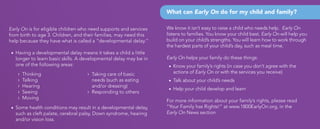 Early On is for eligible children who need supports and services
from birth to age 3. Children, and their families, may ne...