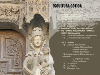 ESCULTURA GÓTICA
1. DEFINICIÓN Y CRONOLOGÍA.
2. CONTEXTO HISTÓRICO.
3. OBRAS DE REFERENCIA.
4. ETAPAS DE LA ESCULTURA GÓTICA.
4.1. Protogótico.
4.2. Gótico clásico.
4.3. Gótico final.
5. FINALIDAD DE LAS ARTES FIGURATIVAS.
6. LAS FORMAS. INNOVACIONES FORMALES
FRENTE AL ROMÁNICO:
6.1. La liberación del marco arquitectónico.
6.2. La representación naturalista.
7. TIPOS Y TEMAS:
7.1. Escultura monumental:
Portadas DEL Juicio Final.
Portadas de santos.
Portadas de la Virgen.
7.2. Escultura exenta. Diferencias con el
Románico:
La Virgen con el Niño.
Cristo crucificado.
7.3. Los sepulcros.
7.4. Los retablos.
7.5. Sillerías de coro.
 