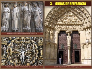 RETABLO DE LA CARTUJA DE MIRAFLORES. Gil de Siloé, s. XV. PUERTA DEL SARMENTAL. Catedral de Burgos, s. XIII
LA ANUNCIACIÓ Y LA VISITACIÓN. Catedral de Reims, s. XIII.
3. OBRAS DE REFERENCIA
 