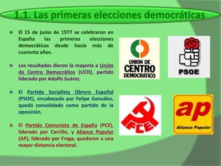    El 15 de junio de 1977 se celebraron en
    España     las   primeras     elecciones
    democráticas desde hacía más de
    cuarenta años.

   Los resultados dieron la mayoría a Unión
    de Centro Democrático (UCD), partido
    liderado por Adolfo Suárez.

   El Partido Socialista Obrero Español
    (PSOE), encabezado por Felipe González,
    quedó consolidado como partido de la
    oposición.

   El Partido Comunista de España (PCE),
    liderado por Carrillo, y Alianza Popular
    (AP), liderado por Fraga, quedaron a una
    mayor distancia electoral.
 