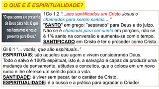 O QUE E É ESPIRITUALIDADE?
1Co 1.2 “...aos santificados em Cristo Jesus e
chamados para serem santos,...”
"SANTO" em grego...