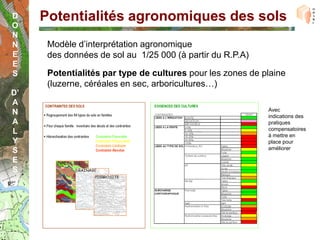 D    Potentialités agronomiques des sols
O
N
N     Modèle d’interprétation agronomique
E     des données de sol au 1/25 000 (à partir du R.P.A)
E
S     Potentialités par type de cultures pour les zones de plaine
      (luzerne, céréales en sec, arboricultures…)
D’
A
                                                            Avec
N                                                           indications des
A                                                           pratiques
                                                            compensatoires
L                                                           à mettre en
Y                                                           place pour
                                                            améliorer
S
E
S
 