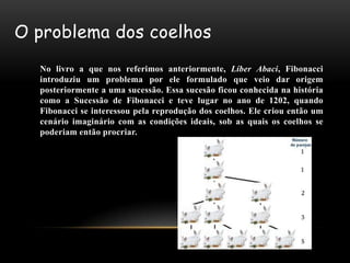 O problema dos coelhos
  No livro a que nos referimos anteriormente, Líber Abaci, Fibonacci
  introduziu um problema por ele formulado que veio dar origem
  posteriormente a uma sucessão. Essa sucesão ficou conhecida na história
  como a Sucessão de Fibonacci e teve lugar no ano de 1202, quando
  Fibonacci se interessou pela reprodução dos coelhos. Ele criou então um
  cenário imaginário com as condições ideais, sob as quais os coelhos se
  poderiam então procriar.
 