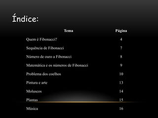 Índice:
                            Tema          Página

   Quem é Fibonacci?                        4

   Sequência de Fibonacci                   7

   Número de ouro a Fibonacci               8

   Matemática e os números de Fibonacci     9

   Problema dos coelhos                    10

   Pintura e arte                          13

   Moluscos                                14

   Plantas                                 15

   Música                                  16
 