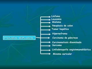 ETIOLOGÍAS NEOPLASICAS   Linfoma  Leucemia  Mieloma Neoplasia de colon  Tumor hepático Hipernefroma  Carcinoma de páncreas  Carcinomatosis diseminada Sarcoma  Linfadenopatía angioinmunoblástica Mixoma auricular 