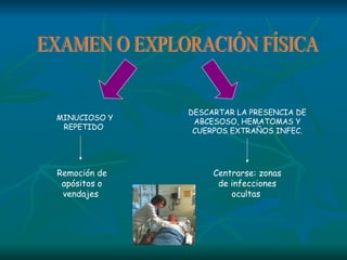 EXAMEN O EXPLORACIÓN FÍSICA  MINUCIOSO Y REPETIDO  Remoción de apósitos o vendajes  DESCARTAR LA PRESENCIA DE ABCESOSO, HEMATOMAS Y CUERPOS EXTRAÑOS INFEC. Centrarse: zonas de infecciones ocultas  