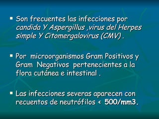Son frecuentes las infecciones por  candida Y Aspergillus ,virus del Herpes simple Y Citomergalovirus (CMV)  .  Por  microorganismos Gram Positivos y Gram  Negativos  pertenecientes a la flora cutánea e intestinal . Las infecciones severas aparecen con recuentos de neutrófilos  < 500/mm3.   