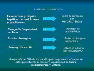 ESTUDIOS DIAGNOSTICOS Hemocultivos y biopsias hepática, de medula ósea y ganglionares Busca de Infección por MICOBACTERIAS Tomografía Computarizada de Tórax Adenopatías Mediastínicas Estudios Serologicos Detectar Antígeno criptocócico Gammagrafía con Ga Infección pulmonar por  Pneumocystis Aunque más del 80% de pactes VIH-positivo presenta infección, en estos pacientes tb se considera la posibilidad de  Fiebre Medicamentosa y Linfoma 