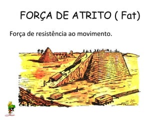 FORÇA DE ATRITO ( Fat)
Força de resistência ao movimento.
 