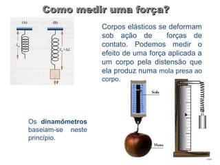 Como medir uma força?
                   Corpos elásticos se deformam
                   sob ação de        forças de
                   contato. Podemos medir o
                   efeito de uma força aplicada a
                   um corpo pela distensão que
                   ela produz numa mola presa ao
                   corpo.




Os dinamômetros
baseiam-se neste
princípio.
 