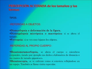 TIPOS: -REFERIDAS A OBJETOS: Dismorfopsia o deformación de la figura. Dismegalopsia micrópsica o macrópsica : si se altera el tamaño. Porropsia:  si se ven muy lejanos los objetos. - REFERIDAS AL PROPIO CUERPO: Heautometamorfopsia,  se altera el cuerpo o miembros corporales, viendo por ejemplo sus dedos a kilómetros de distancia o sus manos de tamaño gigantesco. Heautoscopia,  se ve enfrente como si estuviera reflejándose en un espejo. También se llama visión especular. 