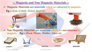 -: Magnetic and Non Magnetic Materials :-
 Magnetic Materials are materials which are attracted by magnets.
Eg :- Iron, Cobalt, Nickel, Steel etc.
 Non Magnetic Materials are materials which are not attracted by
magnets. Eg :- Wood, Plastic, Rubber, Glass etc.
Sunday, January 1, 2023 Mr. AVNEESH SAXENA 5
 