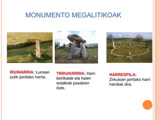 MONUMENTO MEGALITIKOAK
IRUINARRIA: Lurrean
zutik ipinitako harria.
TRIKUHARRIA: Harri
bertikalak eta haien
estalkiak posatzen
dute.
HARRESPILA:
Zirkuloan jarritako harri
handiak dira.
 