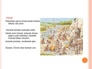Tribuak
Paleolitoko gizon-emakumeak tributan
bilduta bizi ziren.
Hainbat familiak osatutako talde
txikiak ziren tribuak, batzuek ehizan
egiten zuten bitartean, besteek
fruituak biltzen zituzten,
janariak prestatu, lanabesak egin…
Gizakia 20 bat urtez bizitzen zen.
 