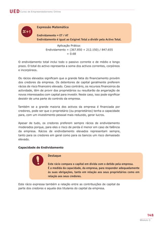 UED Curso de Empreendedorismo Online


                    Expressão Matemática


        z           Endividamento = ET / AT
                    Endividamento é igual ao Exigível Total a dividir pelo Activo Total.

                                   Aplicação Prática:
                           Endividamento = (367.850 + 212.150) / 847.655
                                          = 0.68


      O endividamento total inclui todo o passivo corrente e de médio e longo
      prazo. O total do activo representa a soma dos activos correntes, corpóreos
      e incorpóreos.


      Os rácios elevados significam que a grande fatia do financiamento provém
      dos credores da empresa. Os detentores de capital geralmente preferem
      rácios de risco financeiro elevado. Caso contrário, os recursos financeiros da
      actividade, têm de provir dos proprietários ou resultarão da angariação de
      novos interessados com capital para investir. Neste caso, isso pode significar
      desistir de uma parte do controlo da empresa.


     Também se a grande maioria dos activos da empresa é financiada por
     credores, pode ser que o proprietário (ou proprietários) tenha a capacidade
     para, com um investimento pessoal mais reduzido, gerar lucros.


      Apesar de tudo, os credores preferem sempre rácios de endividamento
      moderados porque, para eles o risco de perda é menor em caso de falência
      da empresa. Rácios de endividamento elevados representam sempre,
      tanto para os credores em geral como para os bancos um risco demasiado
      elevado.


      Capacidade de Endividamento


                            Destaque


                !           Este rácio compara o capital em dívida com o detido pela empresa.
                            É a medida da capacidade, da empresa, para responder adequadamente
                            às suas obrigações, tanto em relação aos seus proprietários como em
                            relação aos seus credores.

      Este rácio expressa também a relação entre as contribuições de capital da
      parte dos credores e aquela dos titulares do capital da empresa.




                                                                                                       148
                                                                                                  Módulo C
 
