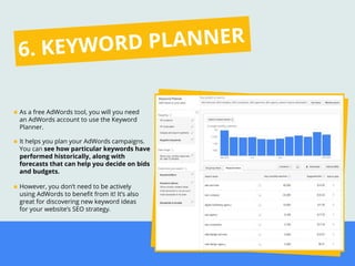 As a free AdWords tool, you will you need
an AdWords account to use the Keyword
Planner.
It helps you plan your AdWords campaigns.
You can see how particular keywords have
performed historically, along with
forecasts that can help you decide on bids
and budgets.
However, you don’t need to be actively
using AdWords to beneﬁt from it! It’s also
great for discovering new keyword ideas
for your website’s SEO strategy.
6. KEYWORD PLANNER
 