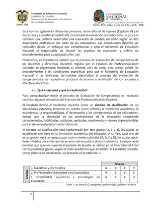 Esta norma reglamenta diferentes procesos, entre ellos el de ingreso (Capítulo II) y el
de carrera y escalafón (Capítulo III). Contempla la evaluación docente como un proceso
continuo que permite desarrollar una educación de calidad, así como lograr un alto
desempeño profesional por parte de los educadores. Las evaluaciones deberán ser
realizadas desde un enfoque por competencias y será el Ministerio de Educación
Nacional el responsable de diseñar las pruebas de evaluación y definir los
procedimientos para su aplicación (Art. 35).
Finalmente, es importante señalar que el proceso de evaluación de competencias de
los docentes y directivos docentes regidos por el Estatuto de Profesionalización
Docente, se reglamentó mediante el Decreto 2715 de 2009. Esta norma señala los
procedimientos y las condiciones específicas para que el Ministerio de Educación
Nacional y las entidades territoriales desarrollen el proceso de evaluación de
competencias y los respectivos procesos de ascenso y reubicación de los docentes y
directivos docentes.

           1.1. ¿Qué es ascenso y qué es reubicación?
Para contextualizar mejor el proceso de Evaluación de Competencias es necesario
recordar algunos conceptos del Estatuto de Profesionalización Docente.
El Estatuto define el Escalafón Docente como un sistema de clasificación de los
educadores estatales, teniendo en cuenta como criterios la formación académica, la
experiencia, la responsabilidad, el desempeño y las competencias de los educadores.
Señala que la idoneidad de los profesionales de la educación comprende
conocimientos, habilidades, actitudes, aptitudes, rendimiento y valores imprescindibles
para el desempeño de la función docente.
El sistema de clasificación está conformado por tres grados (1, 2 y 3), los cuales se
establecen con base en la formación académica del educador. A su vez, cada uno de
estos grados está compuesto por cuatro niveles salariales (A, B, C y D), los cuales están
determinados por el tiempo de servicio del docente o directivo docente. Es importante
precisar que quienes superan el periodo de prueba se ubican en el Nivel Salarial A del
correspondiente grado, según el título académico que acrediten. El Escalafón Docente,
como sistema de clasificación, se presenta en la tabla No. 1.


                                                                                 Niveles
           3. Maestrías y doctorados                                    A        B      C        D
  Grados




           2. Profesionales licenciados y no licenciados                A        B      C        D
           1. Normalistas superiores y tecnólogos               en      A        B      C        D
           educación
                                     Tabla 1. Las doce (12) categorías posibles del Escalafón Docente


           7
 
