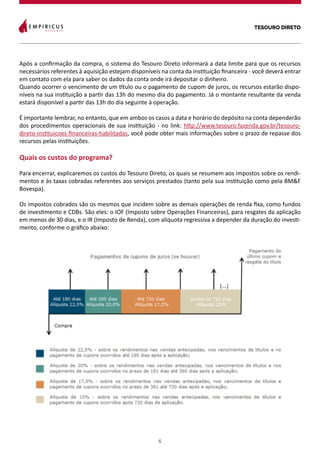 TESOURO DIRETO
6
Após a confirmação da compra, o sistema do Tesouro Direto informará a data limite para que os recursos
necessários referentes à aquisição estejam disponíveis na conta da instituição financeira - você deverá entrar
em contato com ela para saber os dados da conta onde irá depositar o dinheiro.
Quando ocorrer o vencimento de um título ou o pagamento de cupom de juros, os recursos estarão dispo-
níveis na sua instituição a partir das 13h do mesmo dia do pagamento. Já o montante resultante da venda
estará disponível a partir das 13h do dia seguinte à operação.
É importante lembrar, no entanto, que em ambos os casos a data e horário do depósito na conta dependerão
dos procedimentos operacionais de sua instituição - no link: http://www.tesouro.fazenda.gov.br/tesouro-
direto-instituicoes-financeiras-habilitadas, você pode obter mais informações sobre o prazo de repasse dos
recursos pelas instituições.
Quais os custos do programa?
Para encerrar, explicaremos os custos do Tesouro Direto, os quais se resumem aos impostos sobre os rendi-
mentos e às taxas cobradas referentes aos serviços prestados (tanto pela sua instituição como pela BM&F
Bovespa).
Os impostos cobrados são os mesmos que incidem sobre as demais operações de renda fixa, como fundos
de investimento e CDBs. São eles: o IOF (Imposto sobre Operações Financeiras), para resgates da aplicação
em menos de 30 dias, e o IR (Imposto de Renda), com alíquota regressiva a depender da duração do investi-
mento, conforme o gráfico abaixo:
 