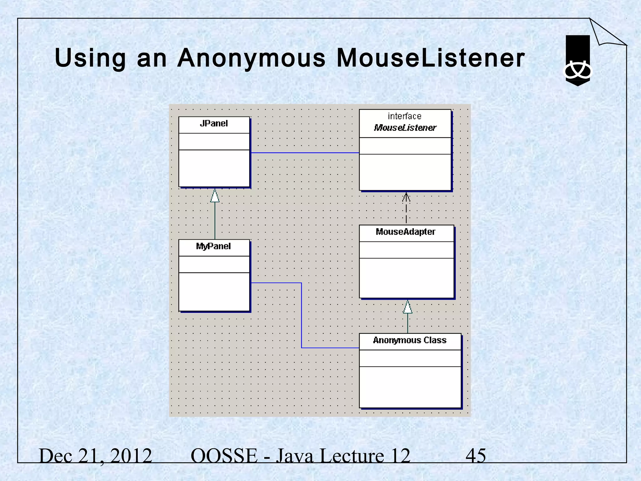 Using an Anonymous MouseListener




Dec 21, 2012   OOSSE - Java Lecture 12   45
 