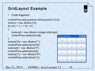 GridLayout Example
 • Code fragment:
 contentPane.setLayout(new GridLayout(4,3,2,2));
 buttons = new JButton [12] ;
 for (int i = 1; i < 10; ++i)
 {
     buttons[i] = new JButton (Integer.toString(i));
     contentPane.add(buttons[i]);
 }
 buttons[10] = new JButton("*");
 contentPane.add(buttons[10]);
 buttons[0] = new JButton("0");
 contentPane.add(buttons[0]);
 buttons[11] = new JButton("#");
 contentPane.add(buttons[11]);



Dec 21, 2012        OOSSE - Java Lecture 12            15
 