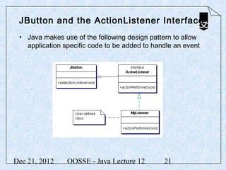 JButton and the ActionListener Interface
 • Java makes use of the following design pattern to allow
   application specific code to be added to handle an event




Dec 21, 2012    OOSSE - Java Lecture 12        21
 