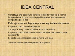 IDEA CENTRAL Constituye una estructura cerrada, teniendo vigencia la  forma independiente, lo que haría imposible extraer una idea central compartida por todas.  Este eje estaría integrado por los siguientes elementos:  La poesía como síntesis expresiva La inspiración y la razón unidas en la obra poética La poesía como producto del mundo sensible, del misterio y del sentimiento El poeta como mediador entre la forma y la idea  El amor como material supremo de la poesía . 