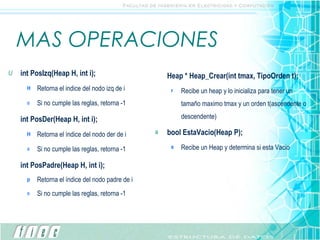 MAS OPERACIONES int PosIzq(Heap H, int i); Retorna el indice del nodo izq de i Si no cumple las reglas, retorna -1 int PosDer(Heap H, int i); Retorna el índice del nodo der de i Si no cumple las reglas, retorna -1 int PosPadre(Heap H, int i); Retorna el índice del nodo padre de i Si no cumple las reglas, retorna -1  Heap * Heap_Crear(int tmax, TipoOrden t); Recibe un heap y lo inicializa para tener un tamaño maximo tmax y un orden t(ascendente o descendente)‏ bool EstaVacio(Heap P); Recibe un Heap y determina si esta Vacio 
