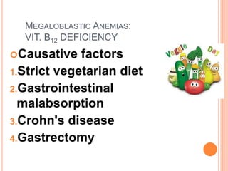 MEGALOBLASTIC ANEMIAS:
  VIT. B12 DEFICIENCY
Causative   factors
1.Strict vegetarian diet
2.Gastrointestinal
  malabsorption
3.Crohn's disease
4.Gastrectomy
 