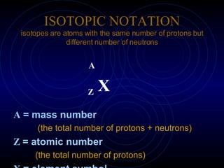 ISOTOPIC NOTATION isotopes are atoms with the same number of protons but different number of neutrons ,[object Object],[object Object],[object Object],[object Object],[object Object],[object Object],[object Object]