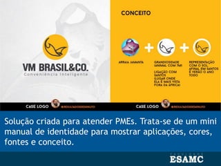 Solução criada para atender PMEs. Trata-se de um mini
manual de identidade para mostrar aplicações, cores,
fontes e conceito.
 