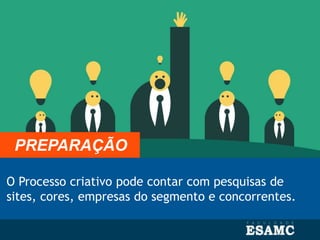 O Processo criativo pode contar com pesquisas de
sites, cores, empresas do segmento e concorrentes.
PREPARAÇÃO
 