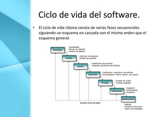 Ciclo de vida del software.
• El ciclo de vida clásico consta de varias fases secuenciales
  siguiendo un esquema en cascada con el mismo orden que el
  esquema general.
 